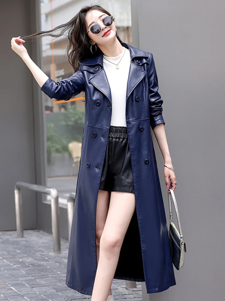 Veste en cuir pour femmes, taille moyenne à longue, longueur aux genoux, grand manteau coupe-vent, nouvelle collection printemps et automne 2025