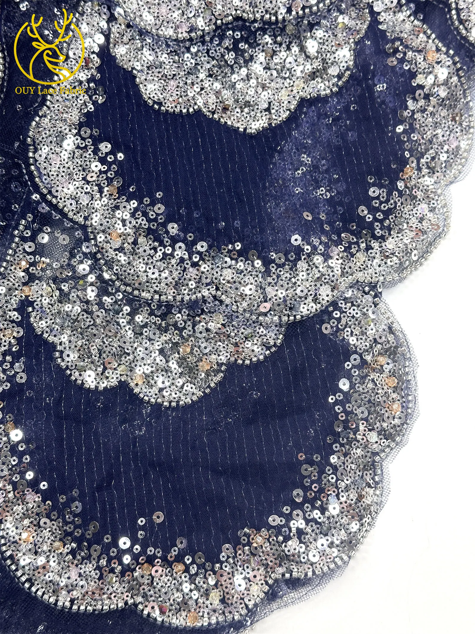 3D-Stickerei mit Pailletten und Perlen, marineblaue afrikanische Spitze, französischer Tüll, Netzspitze für Braut, Hochzeit, DIY, handgemachtes Nähen – Detail 33