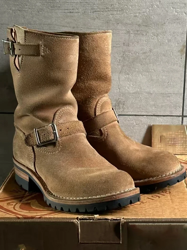 

Винтажные бархатные рабочие ботинки цвета хаки ручной работы, мужские ботинки до середины икры в стиле ретро, синие ботинки для инженерных автомобилей