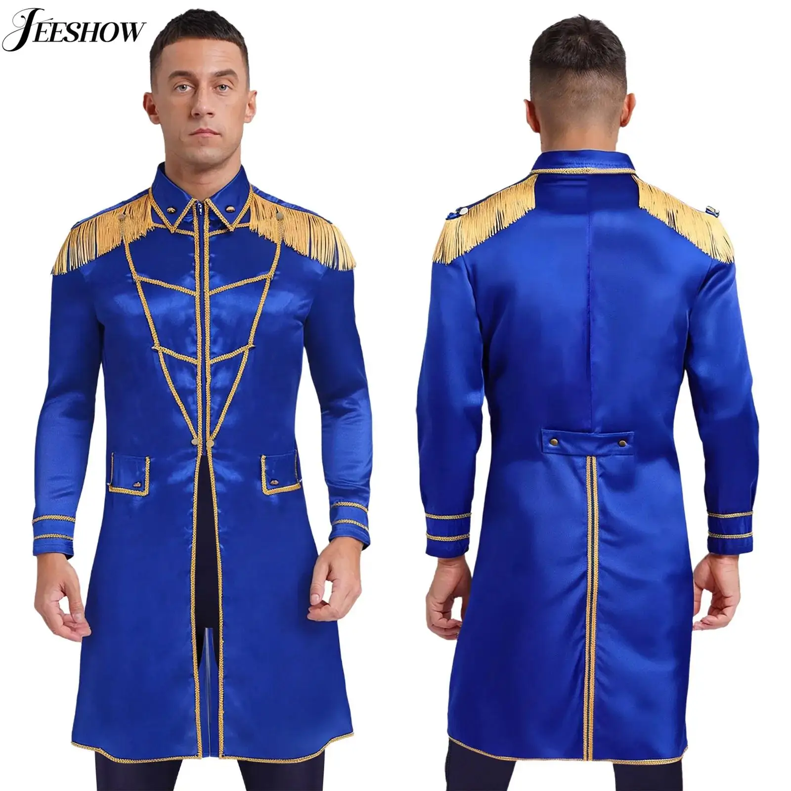

Mens Medieval Renaissance Long Coat Gold Trim Fringe Shoulder Boards Long Sleeve Tailcoat Jacket Silky Satin Steampunk Outerwear