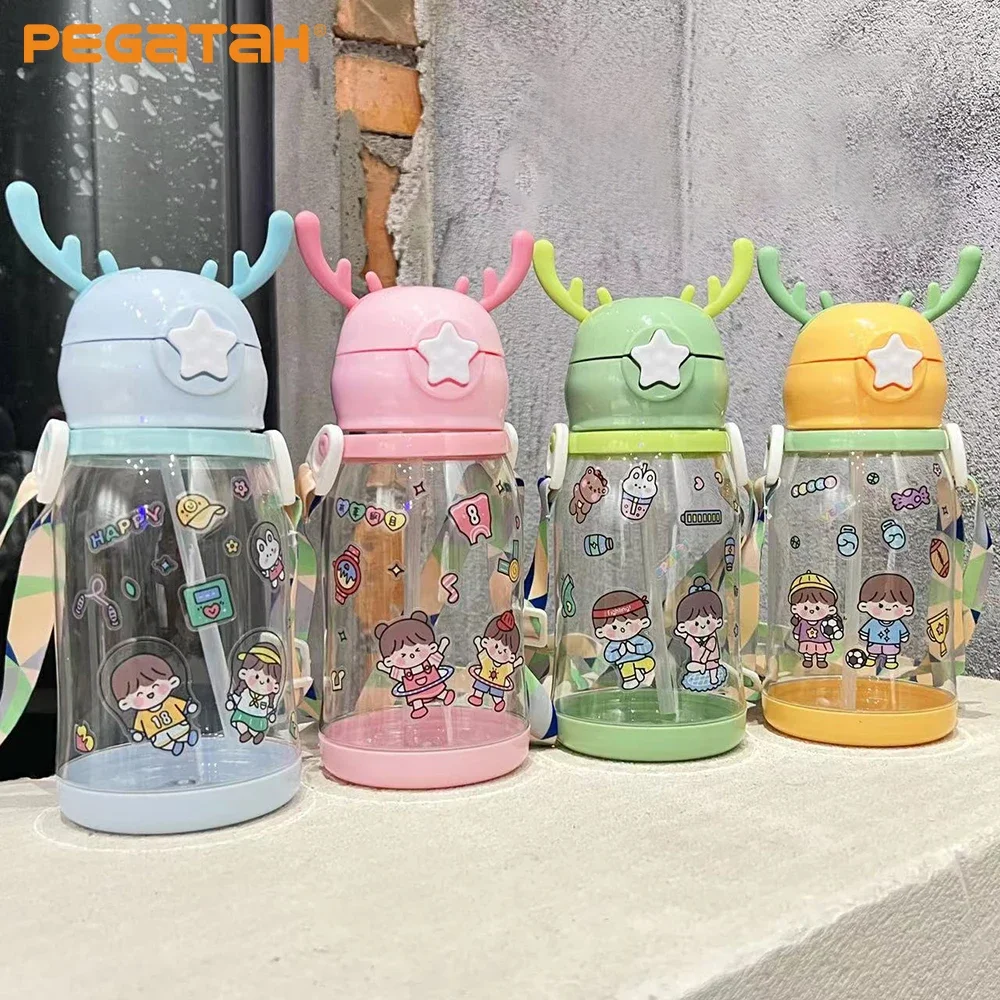 Kids Water Sippy Cup Antler Creative Cartoon Baby Cups with Straws Leakproof Water Bottles Outdoor Children\'s Cup