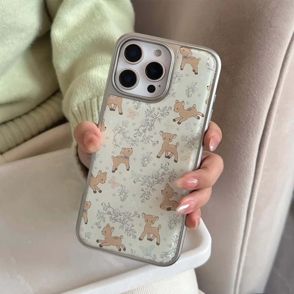ins Little Deer Garden pattern Silver Edge Epoxy  Anti-drop Phone Case For iPhone XR/11/12/13/14/15/16/17 Pro Max Phone Case