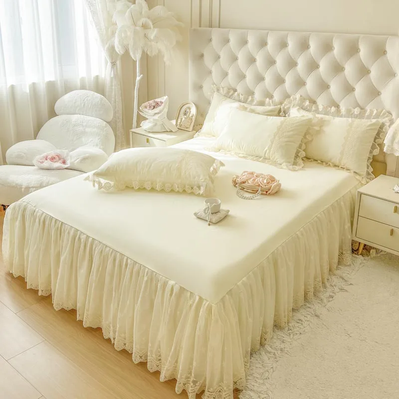AI WINSURE-Lace Long-staple Cotton Bedspread, Queen King Size, for Bed, Lace Ruffles Bed Skirt, Fitted Sheet with 2 Pillowcases