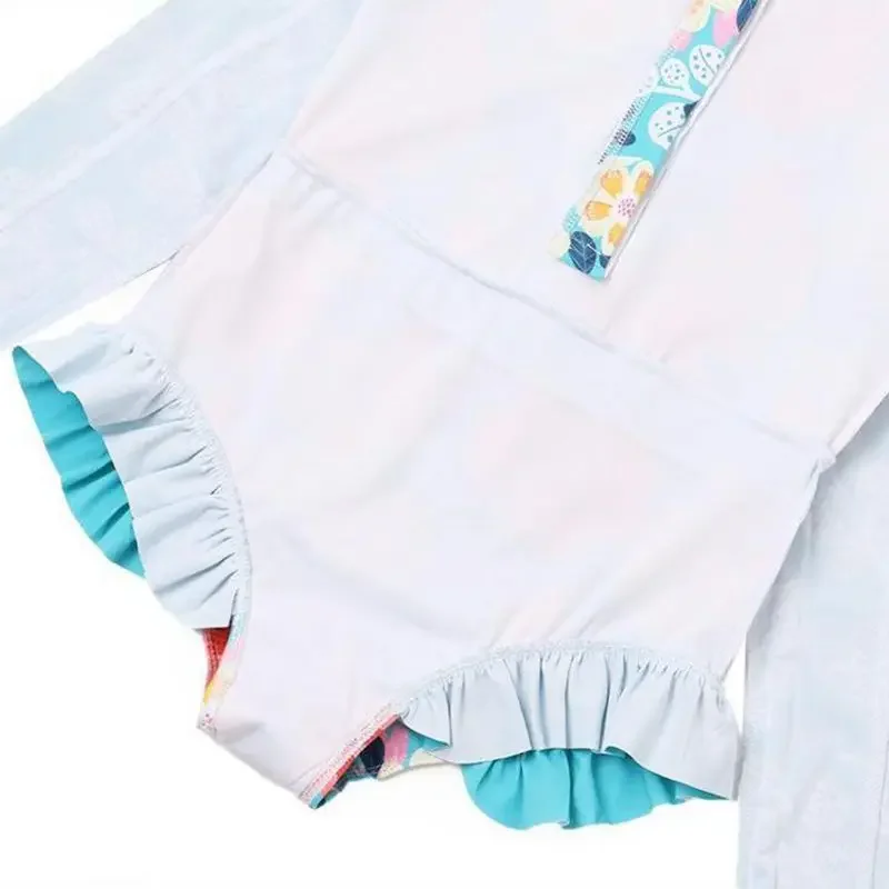 6-12 jaar badpak met lange mouwen en zwemhoed bloem gegolfde strandbodysuit kinderen meisjes eendelig badpak zomer kinderbikini