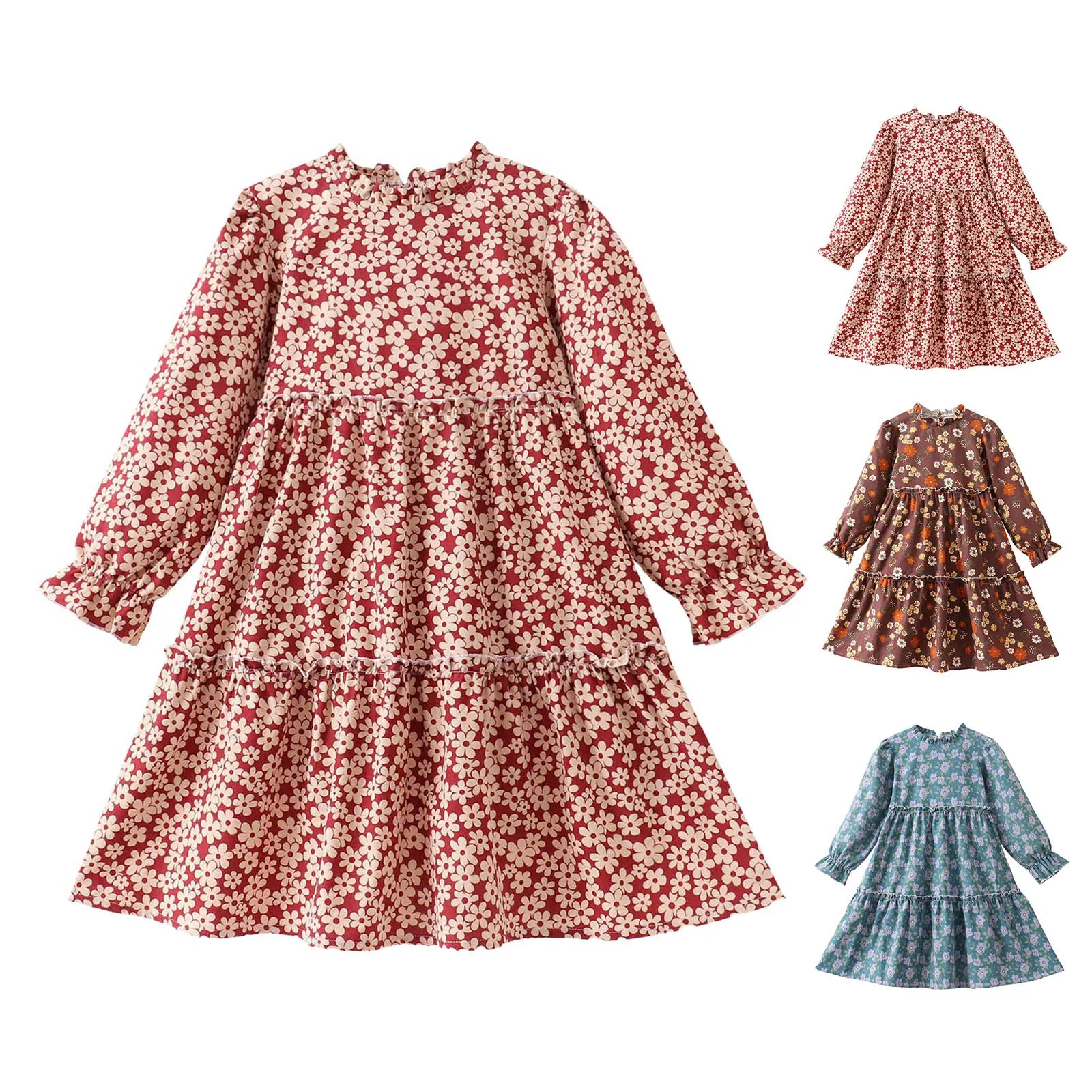 

Юниоры для девочек Платья с длинными рукавами и цветочным принтом для девочек Детские платья с воротником-стойкой и высокой талией Повседневное официальное элегантное осеннее детское кружевное платье для девочек