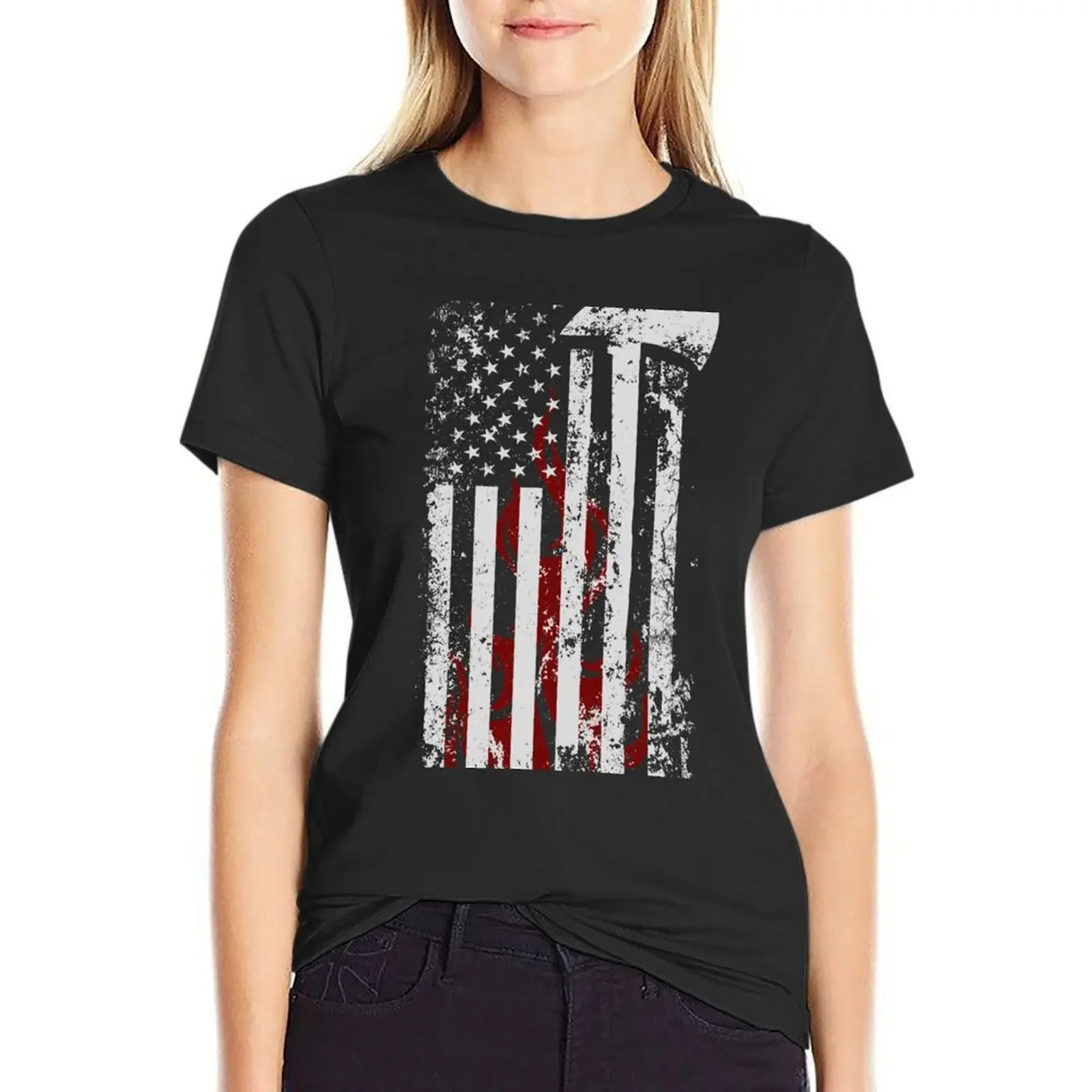 

American Firefighter T-Shirt Blouse summer clothes t-shirts for Women loose fit