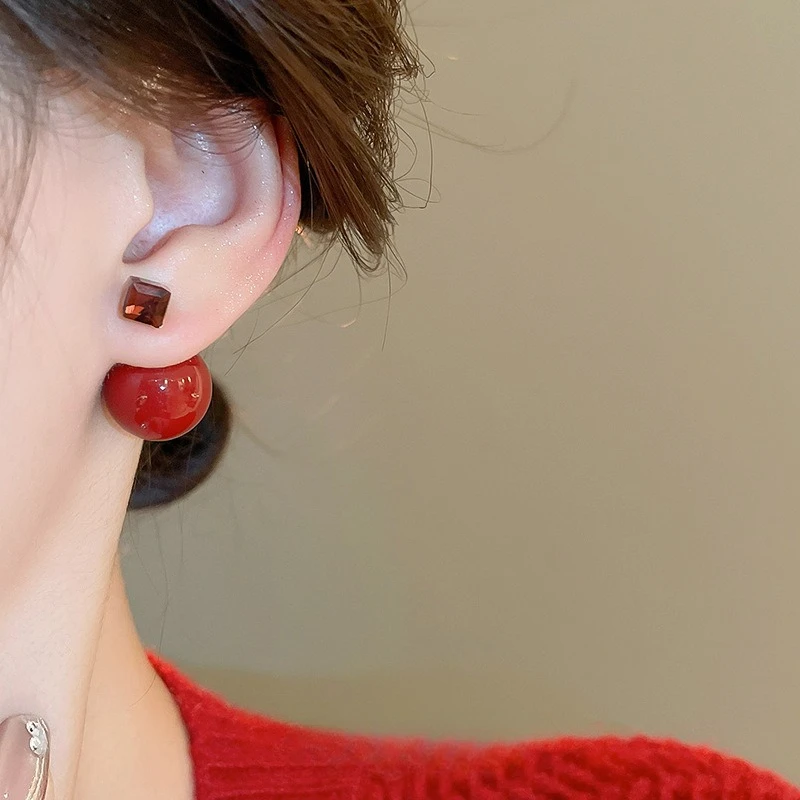 LENNIK Pendientes redondos cuadrados con incrustaciones de diamantes y aguja de plata, un pendiente simple de dos usos, pendientes de temperamento de moda