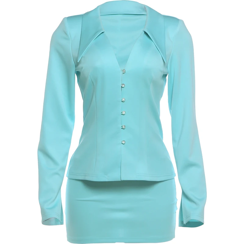 Weird Puss Elegantes 2-teiliges Set für Damen, trendige einreihige Jacke mit V-Ausschnitt + Mini-Rock mit Pfirsichhüft-Form, modische, schicke Party- und Streetwear-Anzüge – Detail 2