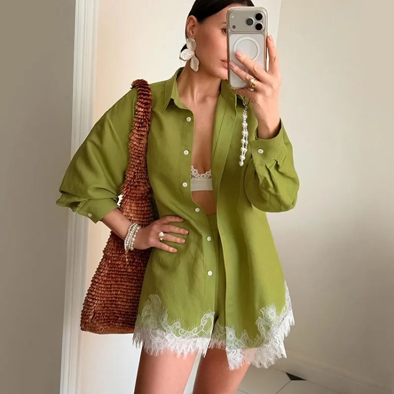 

Tsiisd Women's loose Lace Green 2 Piece Outfits Casual Commute Cardigan Patchwork Short Sets Fashion Outfits Female Summer 2026