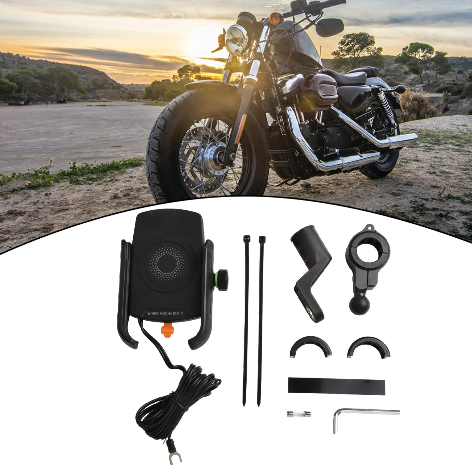 Phone Holder Motorcycle 10A Fuse 15W+USB-C 18W Black for Fast Charge 10W Stainless Steel Charger Phone Holder Phone