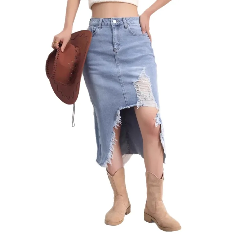 Ripped Destroyed Denim Skirts Women High Waist Slim Fit Bodycon Hips Pencil Long Skirt Elegant Plus Size S-5XL Faldas Mujer Moda