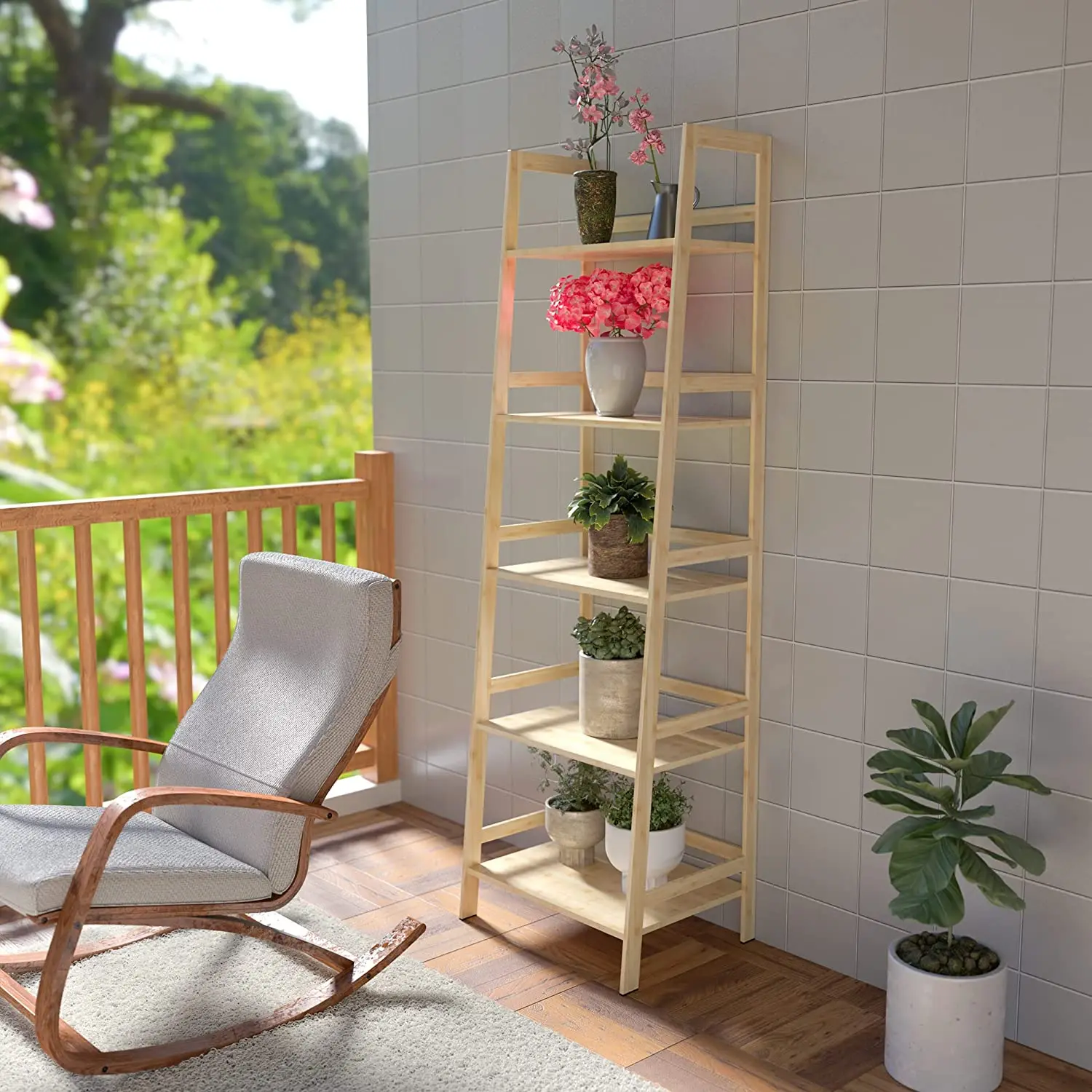 WTZ Bookshelf, Ladder Shelf, 5 Tier Bamboo Bookcase, Rustic Open Book Case for Bedroom, Living Room, Office, BC-238 Natural