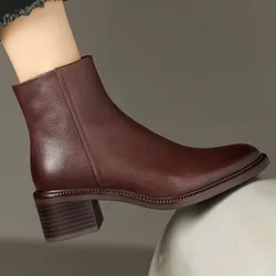 Women's cow leather side zip autumn ankle boots square toe gradient color retro casual female short booties high quality shoes