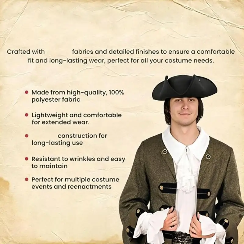 Pirate RolePlay Hat with Velveted Fabric, Comfortable Tricorn Hat Costume Headpiece for Theme Event, Photoshoots, and Stage Y08E