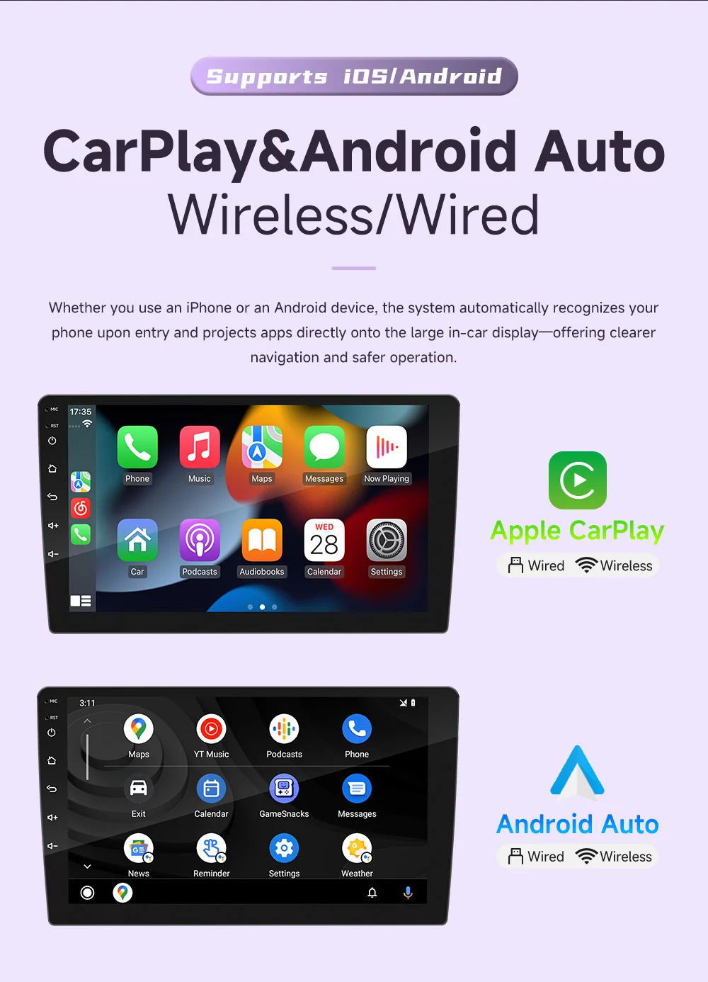 BQCC 9'' Universal MP5 Car Player 1024*600 Wireless CarPlay Android Auto Support BT AUX FM AM Stereo Radio Multimedia Head Unit