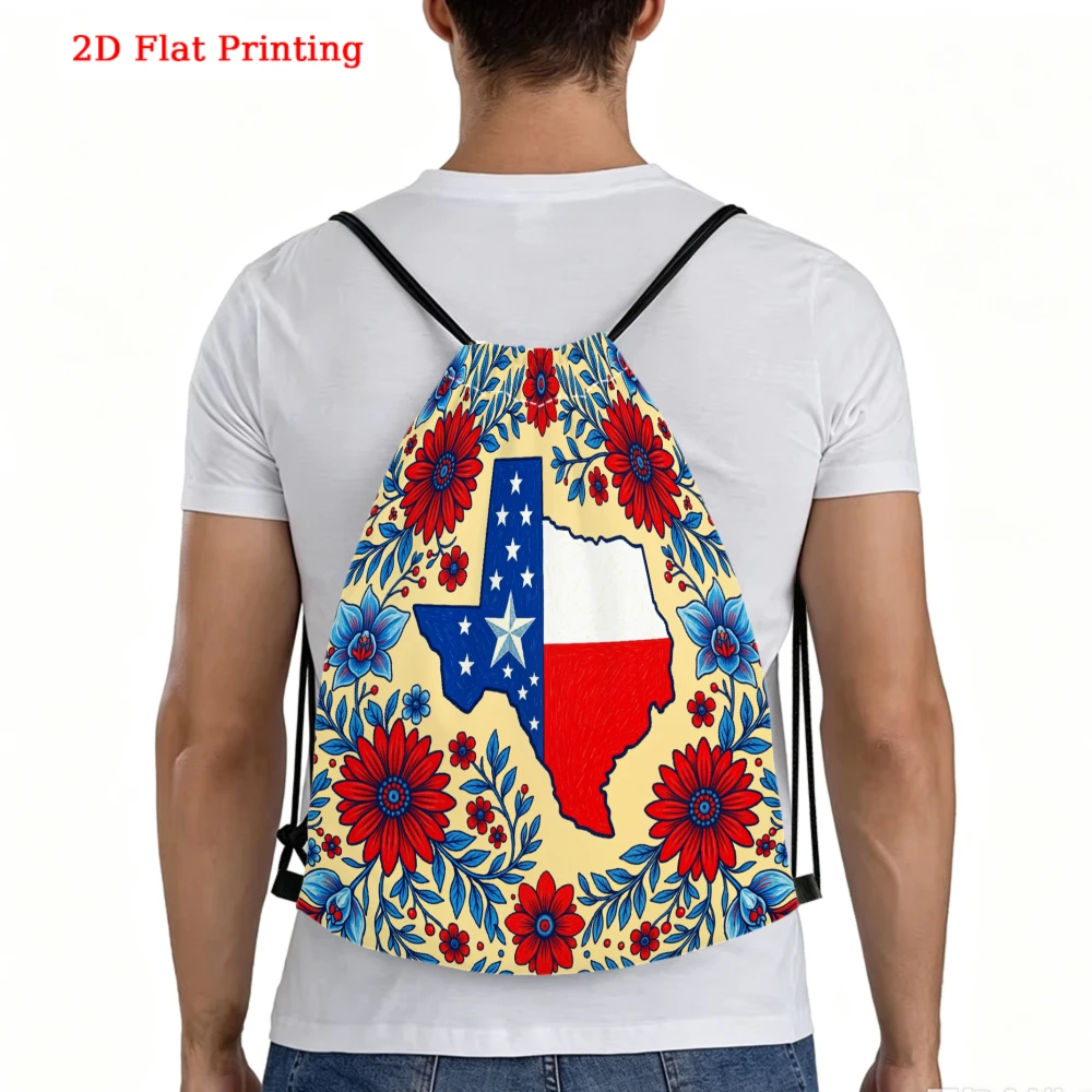 Texas Flag Floral, Drawstring Backpack, 2D Flat Printing State Map Flower Pattern, Gym Sports Bag, Outdoor Travel Cinch Sack