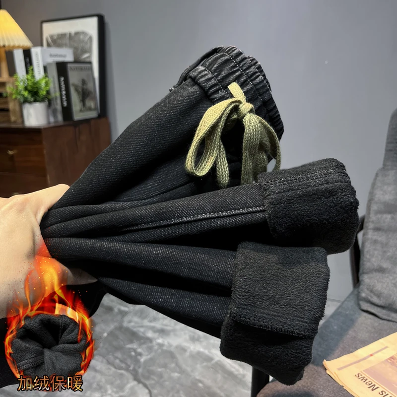 Winter New Black Fleece Jeans Trendy Brand Ins Loose Casual Thickened Warm Denim Trousers Fashionable And Versatile Men\'s Pants
