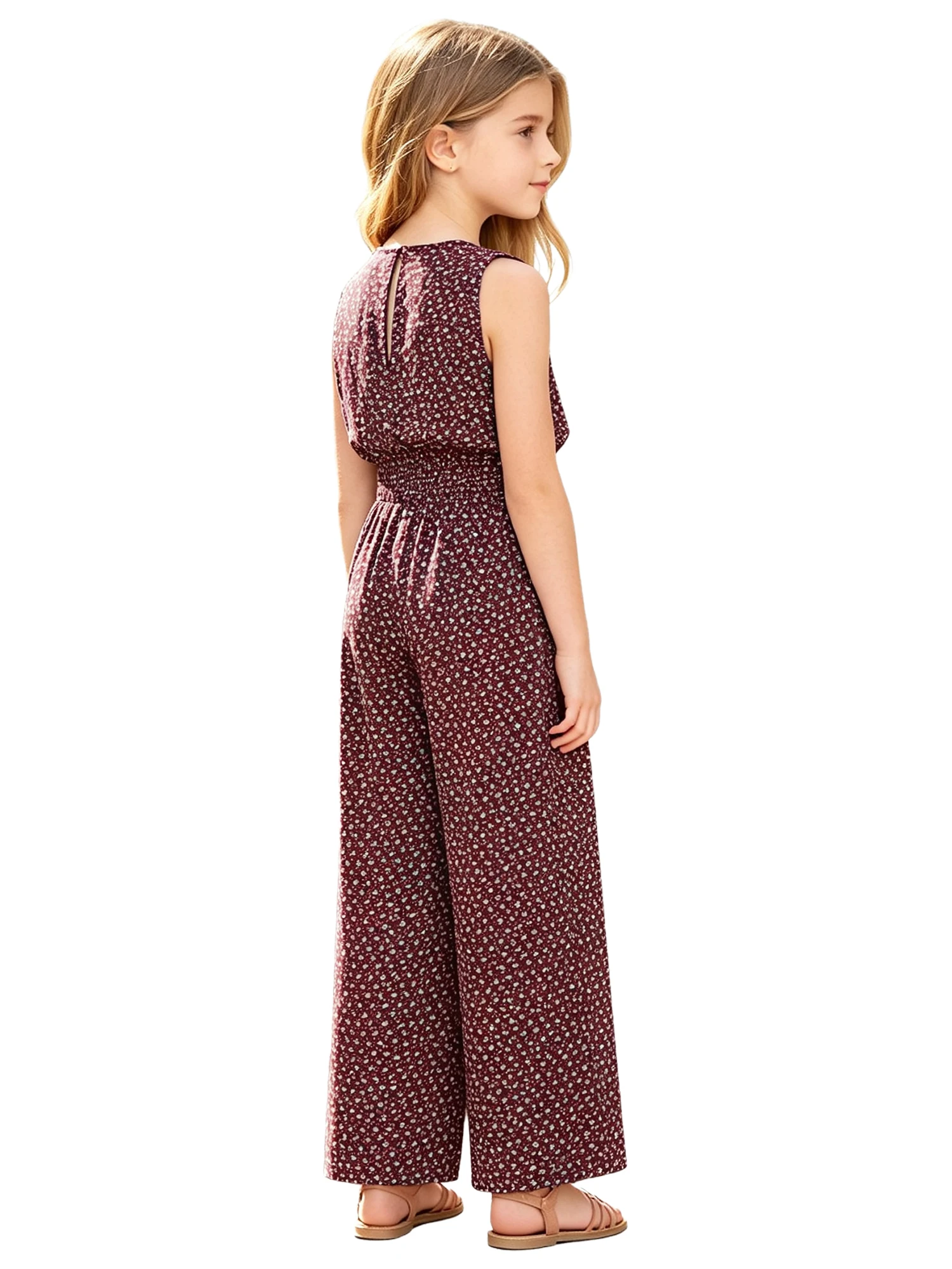 Jumpsuit Bunga untuk Anak Perempuan, Romper Kasual Berlengan Lebar Tanpa Lengan untuk Liburan, Pantai, Taman, Piknik