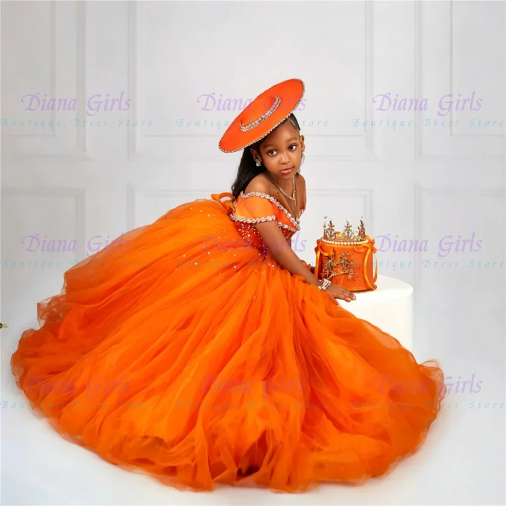 

New Gorgeous Flower Girl Dress Quality Orange Tulle Fluffy Pearl Applique For Kids Wedding Birthday Party Evening Ball Gowns