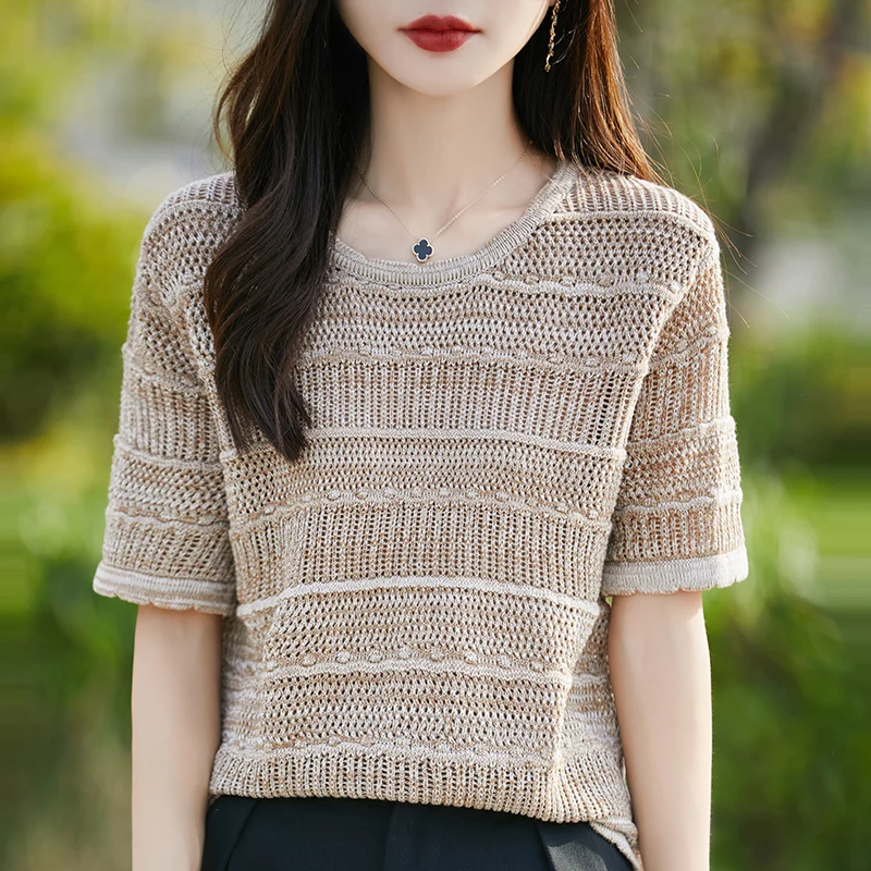 New Fine Spinning Spring/Summer Women's Round Neck Pure Cotton Short Sleeve Knitted Top - Fashionable High Quality Knitted Top