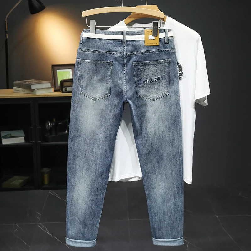 2024Summer New Jeans Men's High Elasticity Waist Strap Matching Japanese Style Boy Straight High-End Washed Trousers