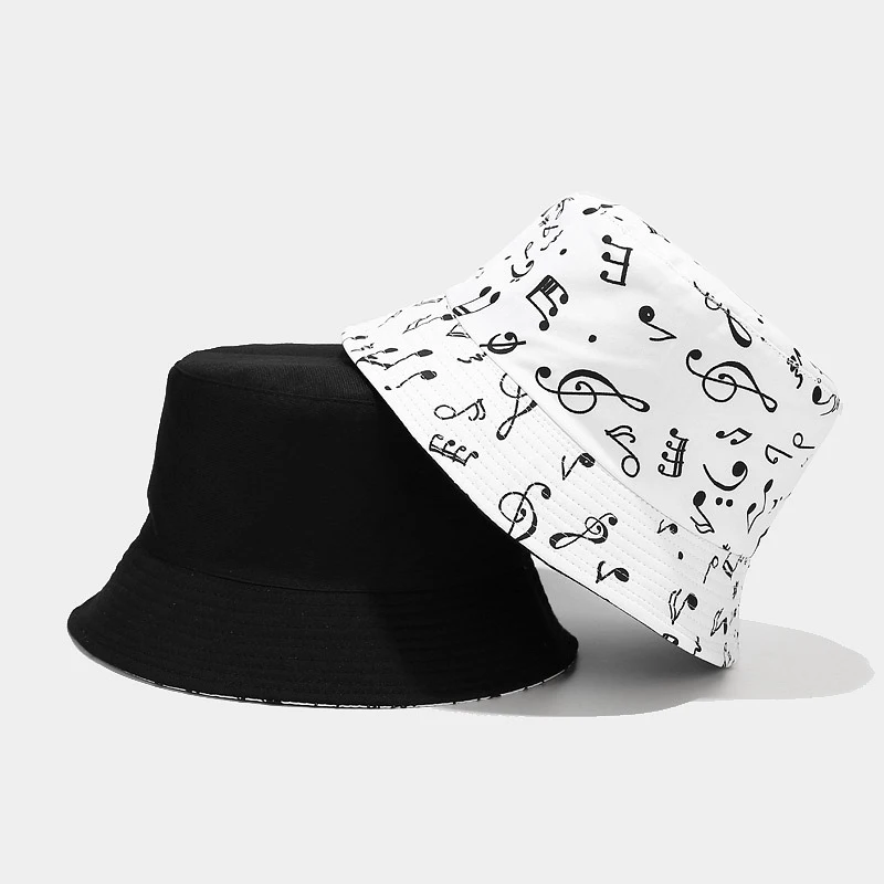Music Note Print Bucket Hat Unisex Black White Reversible Summer Sun Hat for Men Women