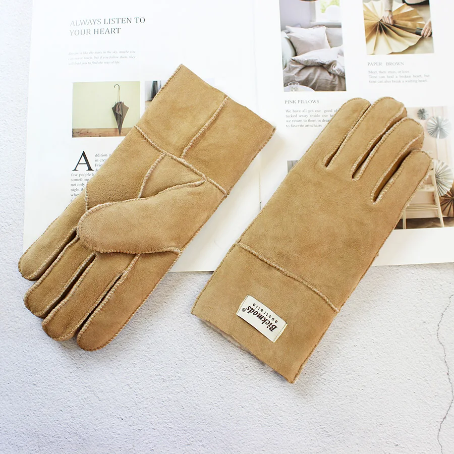 Sheepskin Fur Gloves Women Thickened Winter Warmth Outdoor Windproof Motorcycle Riding Color Leather Finger Gloves