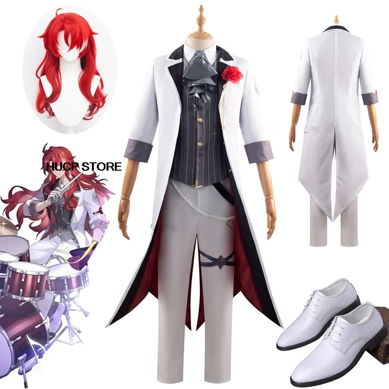 Game Honkai Star Rail Argenti Cosplay Costume Concert 2024 Drummer Uniform Tuxedo White Suit Wig Halloween Party For Women Men