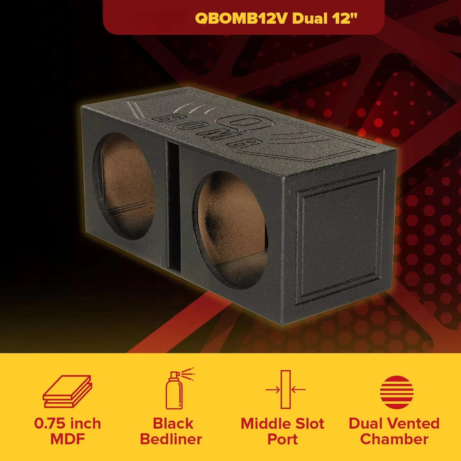 QBOMB12V Dual 12 Inch Subwoofer Box with Bedliner Spray for Speakers, High-Performance Vented Subwoofer, Durable Sub Box, Black