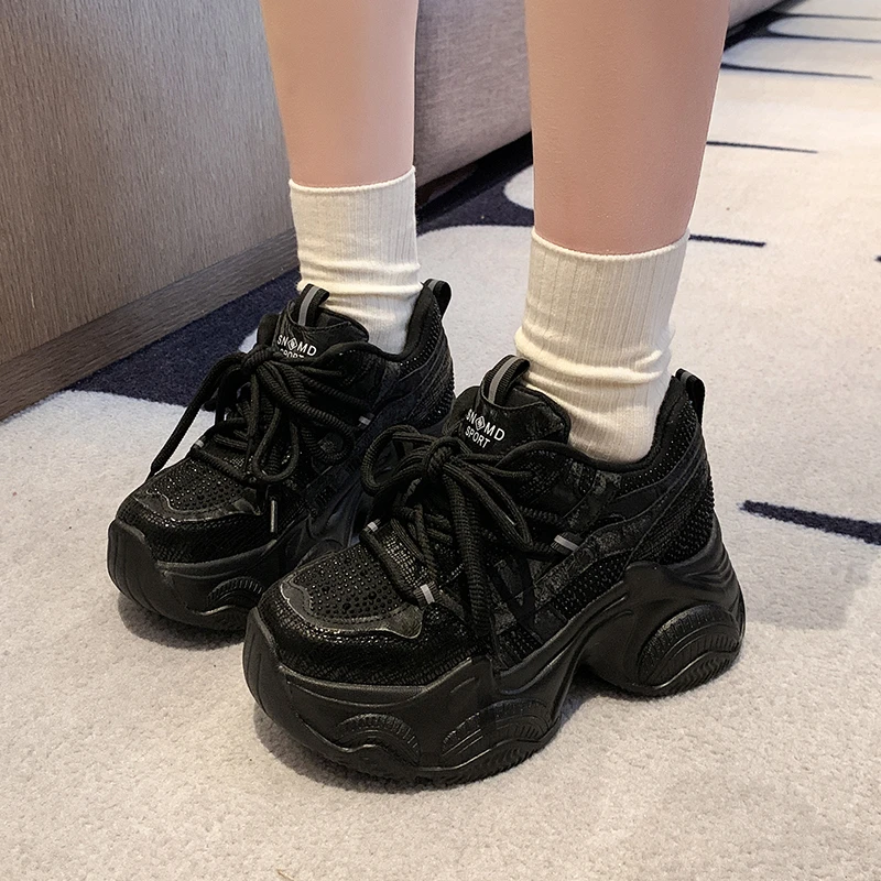 8CM Women Chunky Sneakers New 2026 Spring Crystal Lace-up High Platform Shoes Breathable Sport Shoes Wedge Heel Casual Dad Shoes - view 3