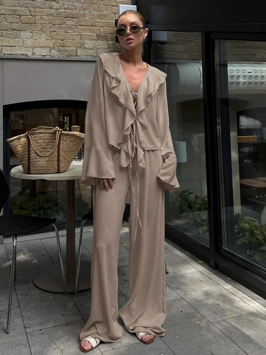 

Marthaqiqi Casual Female Nightgown Suit Lace Up Pajama Long Sleeve Nightwear Sexy V-Neck Sleepwear Pants Loose Women Nightie Set