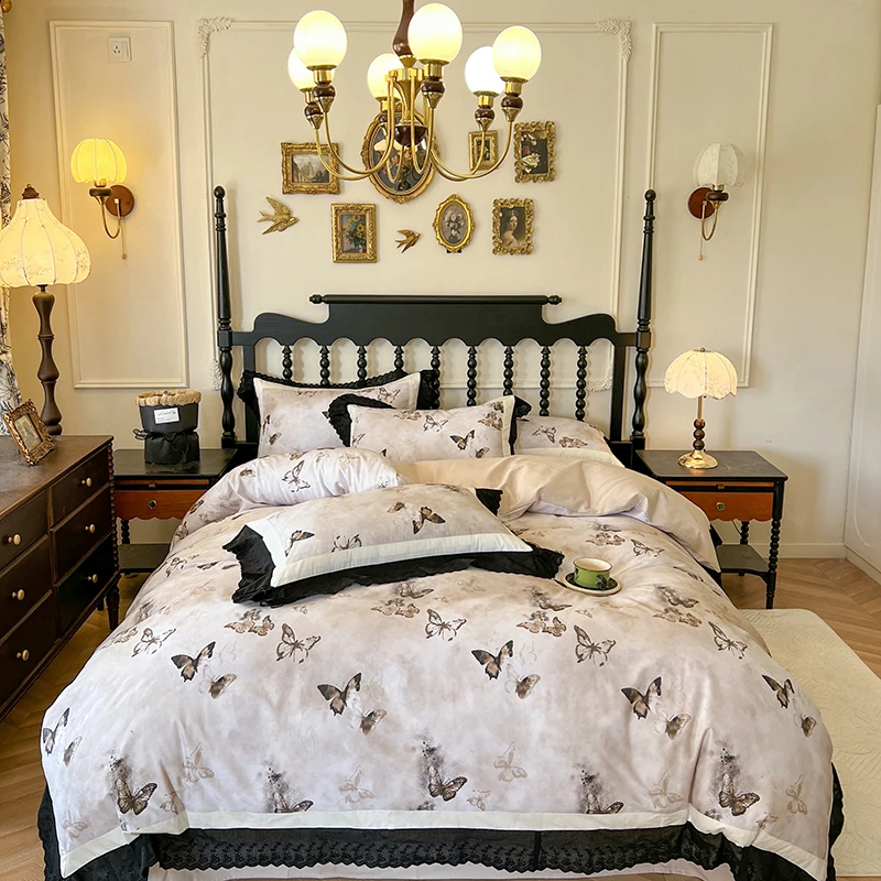 

100% Cotton Butterfly Prints Ruffles Princess Bedding Set Double Queen King Size Duvet Cover Flat/Fitted Sheet Pillowcases 4Pcs