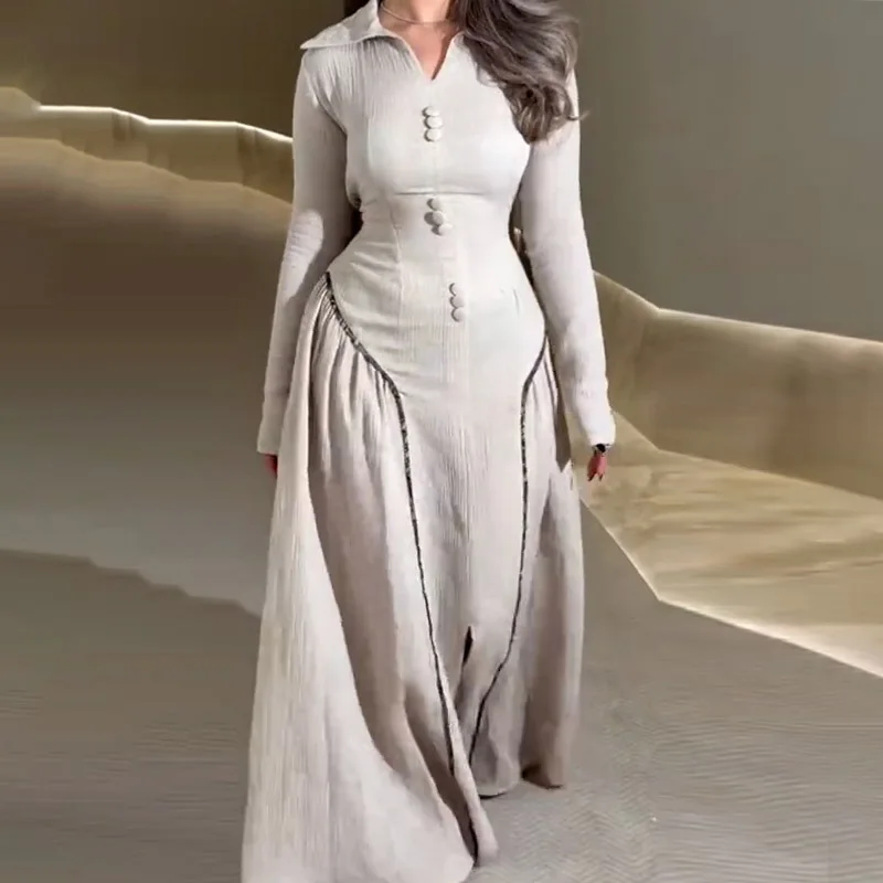 

Dresses for Women Fashion Temperament 2025 Summer New Solid Color Elegant Retro Long Sleeve Collar A-line Maxi Dress Female Robe