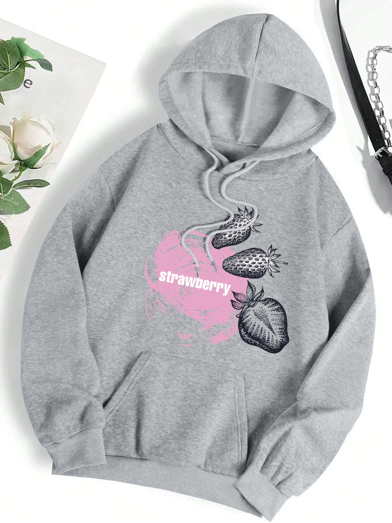 Strawberry Creative Illustration Prints Hoodie Women Hip Hop All-Match Streetwear Casual Loose Hoodies Fleece Autumn Clothing