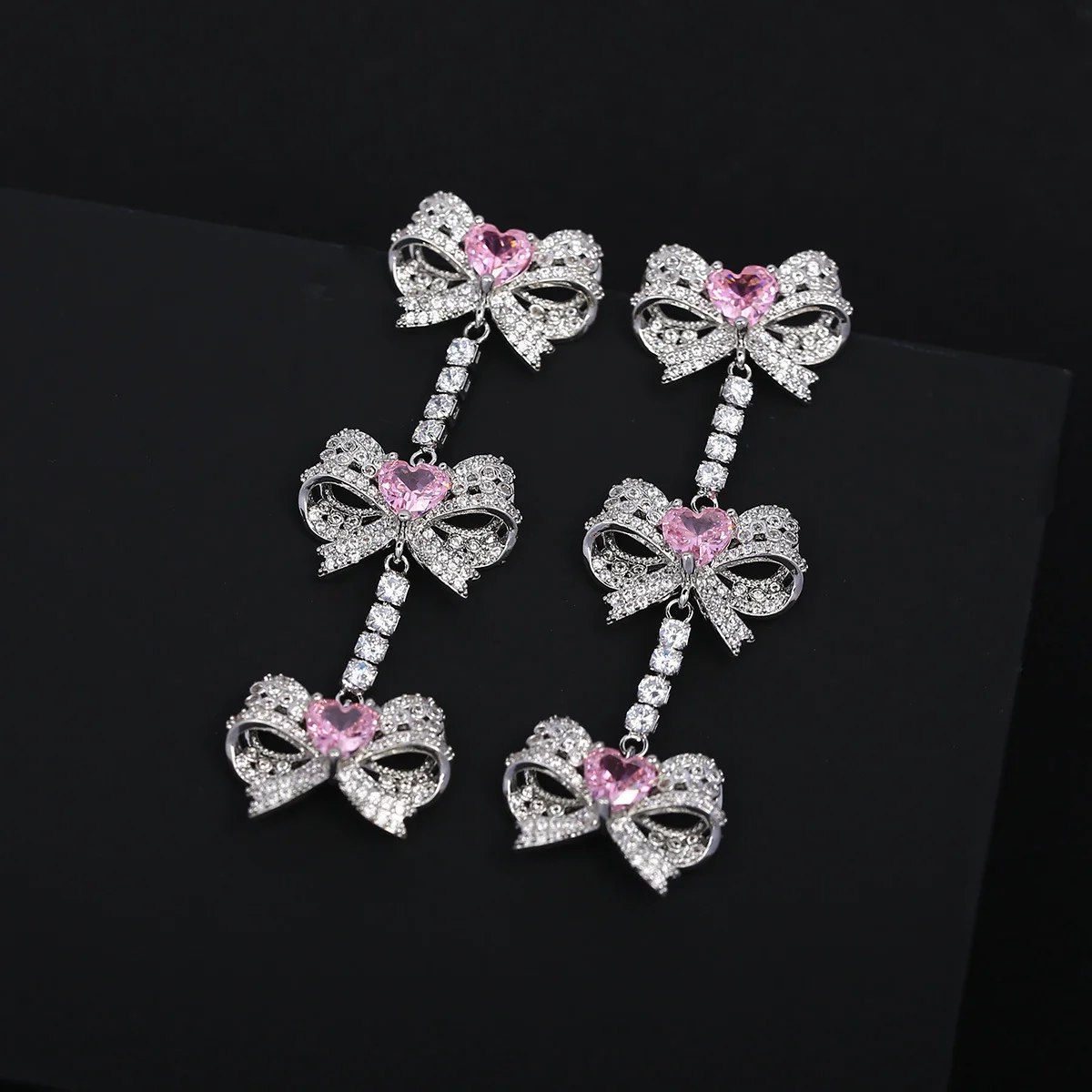 

Серебряные серьги-подвески 925 пробы с бантом и розовыми фианитами, сверкающие кристаллы, роскошные украшения для невесты и вечеринок, для женщин