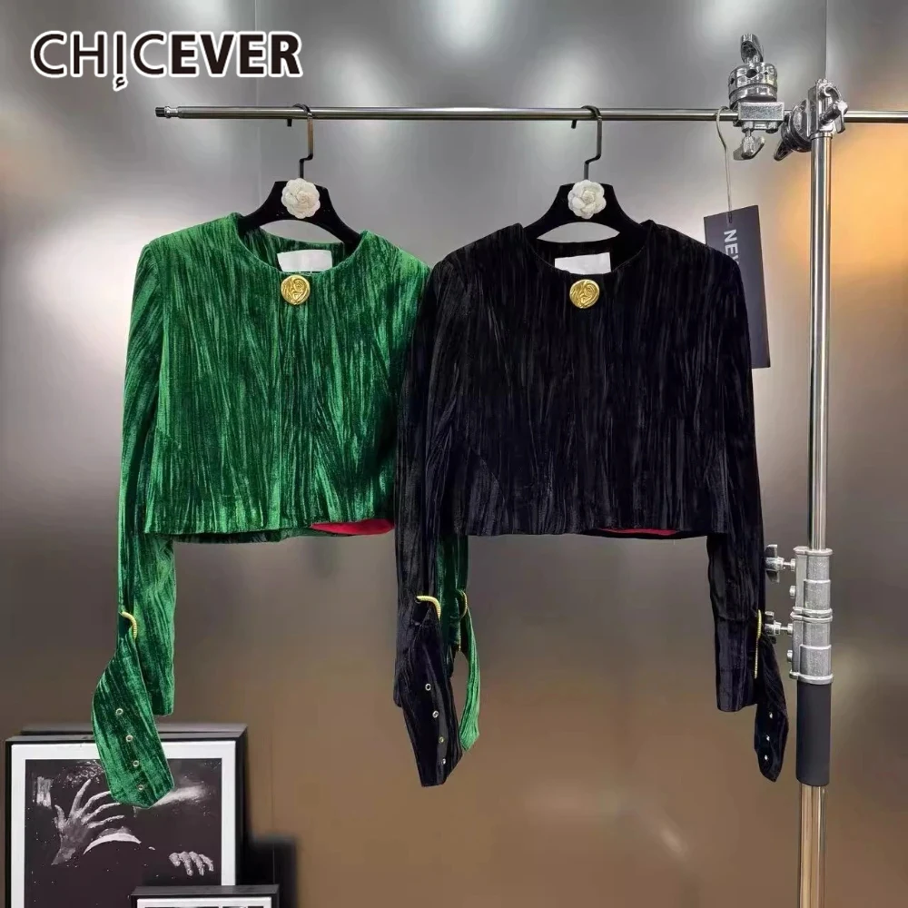 CHICEVER الفرنسية الفاخرة المخملية معطف قصير للنساء س الرقبة طويلة الأكمام المرقعة مشبك معدني أنيقة الرجعية سترة الإناث جديد