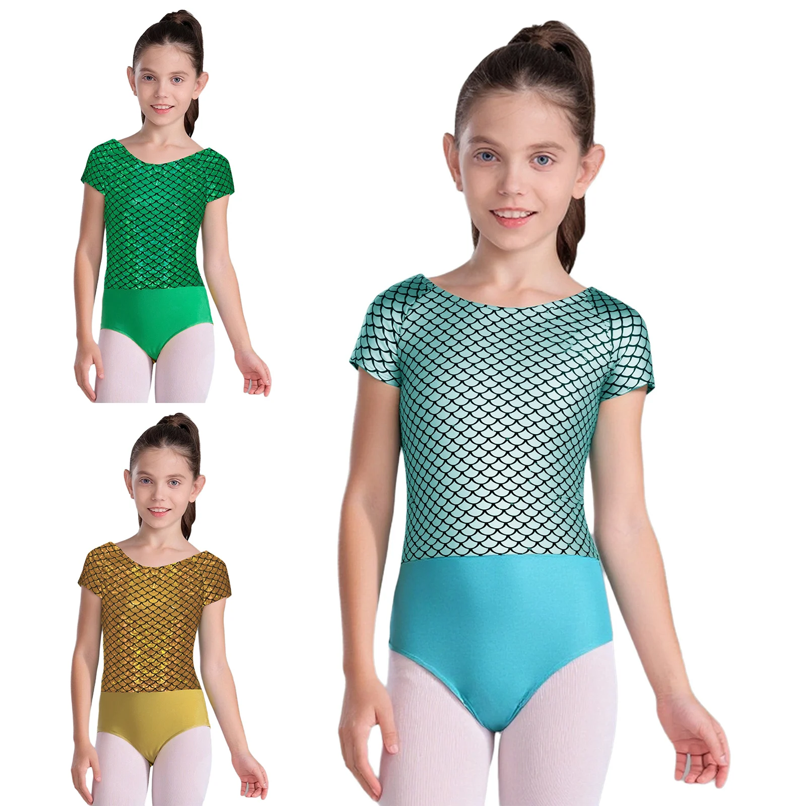 Crianças menina escala de peixe impressão ballet collant manga curta bowknot recorte volta bodysuit ginástica dança palco desempenho dancewear