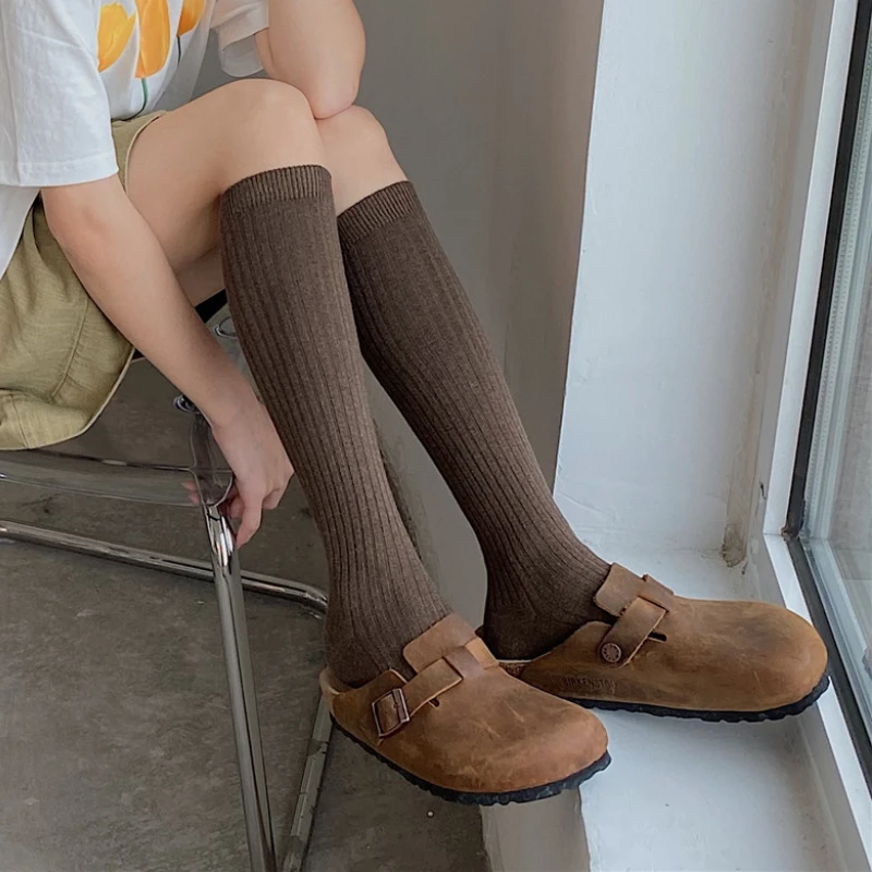 جوارب طويلة منسوجة من القطن للنساء ، جوارب ، عالية الفخذ ، دافئة ، أزياء السيدات ، الفتيات ، جوارب الركبة أحادية اللون ، الخريف ، الشتاء