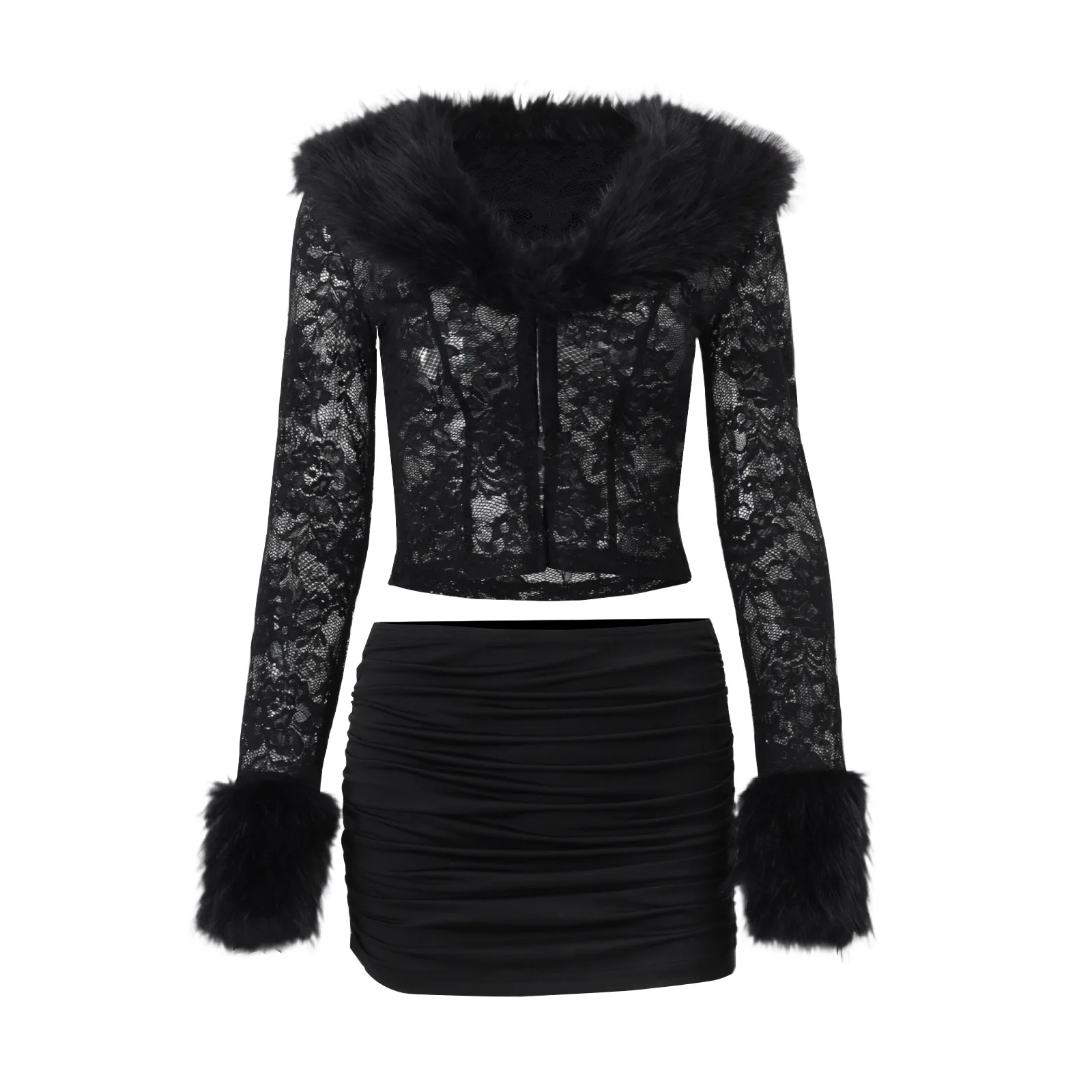 2026 Spring Sexy Lace Trim Long Sve Open Cardigan Top And f Body ort Skirt Set for Women Faionable Warm Winter Outfit Ensemble image 5