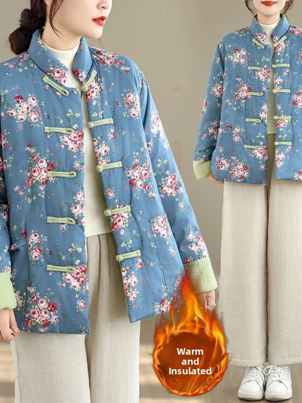 

Thiened Retro Winter Warm Cotton Jaet Chinese Sle Coat Button Stand Collar Cotton Outerwear Fem Faion Commute