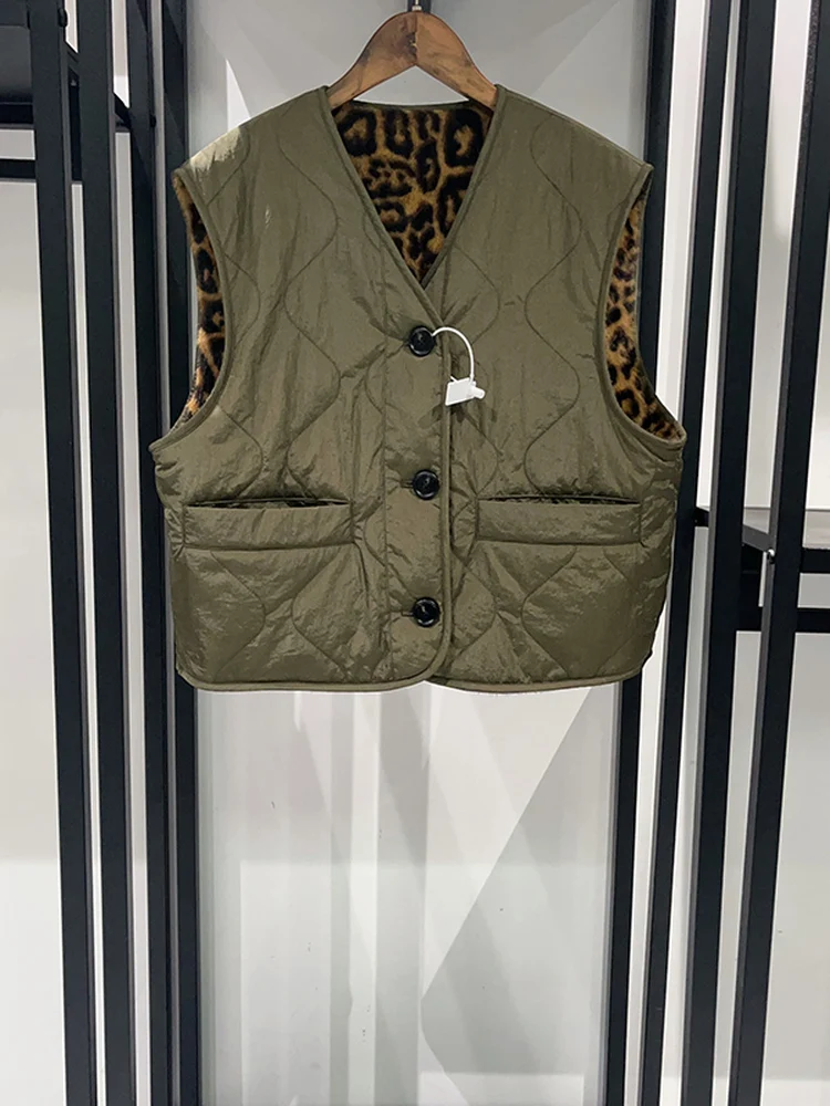 

Теплый жилет из искусственного меха, женский свободный двусторонний жилет с v-образным вырезом и леопардовым принтом, нейлоновое волокно с застежкой на одной пуговице