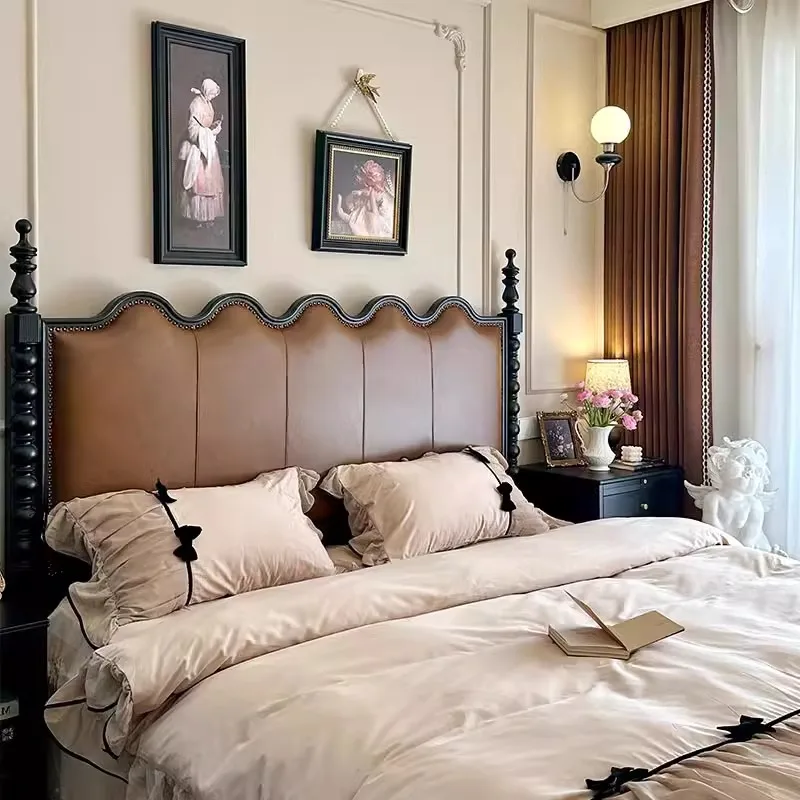 French retro double solid wood red oak medium leather soft bed master bedroom large bed American cowhide