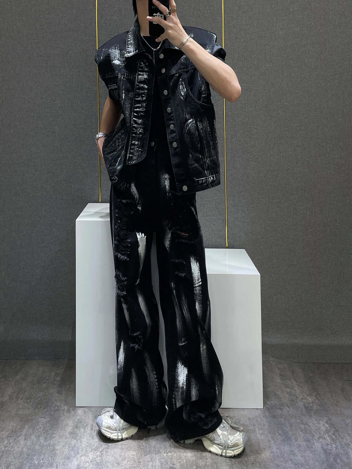 

Мужской джинсовый комплект с эффектом потертости, утяжеленный, в уличном стиле, из двух предметов, летний, с длинными брюками