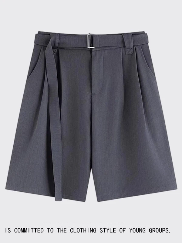 

Summer Men's Belted Straight Leg Suit orts Faionable Wide Leg Five-Quarter Length ex Pure Color Casual Trousers