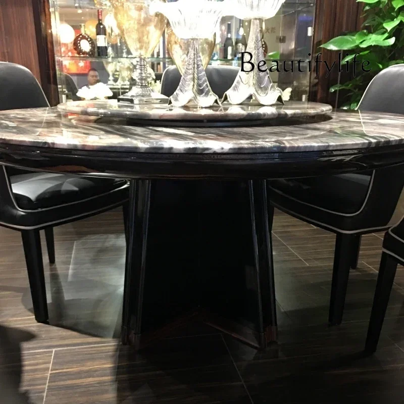 N36 New natural travertine Venice red and black sandalwood round turntable dining table villa high-end private customization