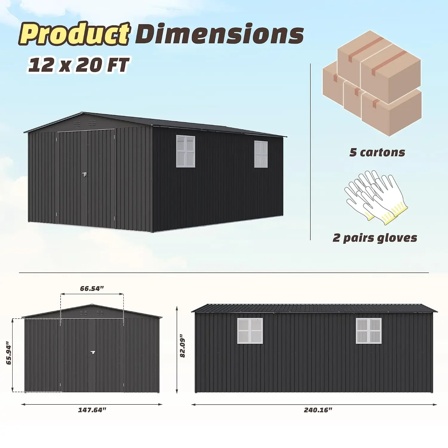 12X20 FT Outdoor Storage Shed with Windows, Metal Garden Shed with Lockable Double Doors, Weather-Resistant Backyard, Custom