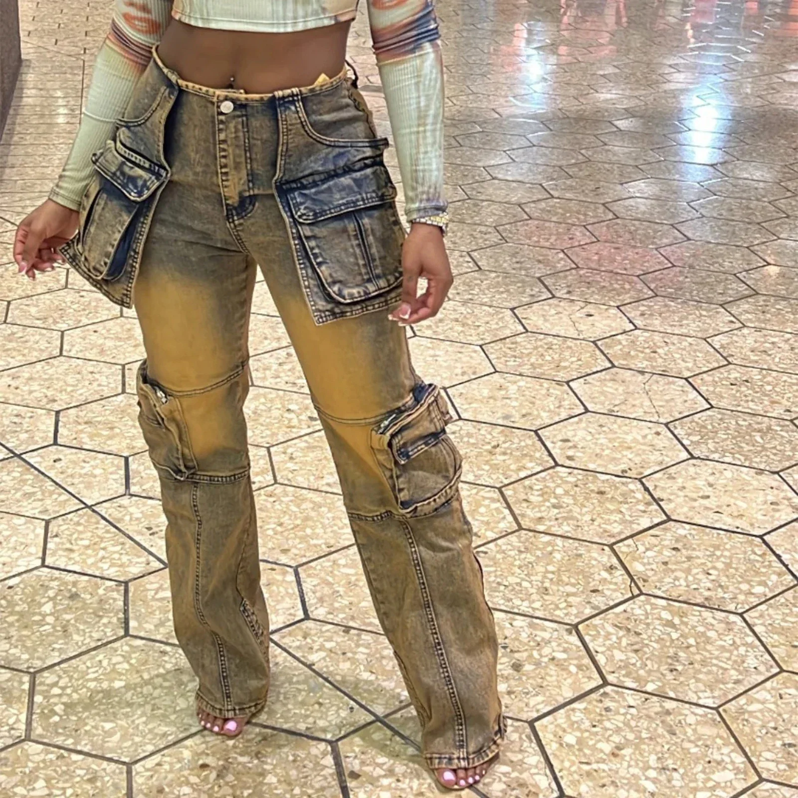 Celana Jeans Wanita Vintage Distressed Model Cargo Panjang Se-mata Kaki dengan Sambungan, Kantong Denim, Pinggang Tinggi, Streetwear, Longgar