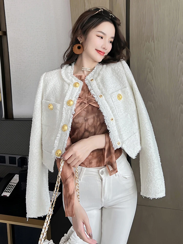 Fashion Short Jacket for Women Elegant White Blue Tweed Tops Coat Long Sleeve Buttons Femme Clothes Office Lady Street Outwear