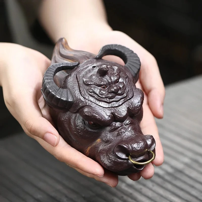 150ml Authentic Yixing Purple Clay Teapots Artists Handmade Ox-head Pot Raw Ore Mud Hand Grab Kettle Zisha Tea Set Collection