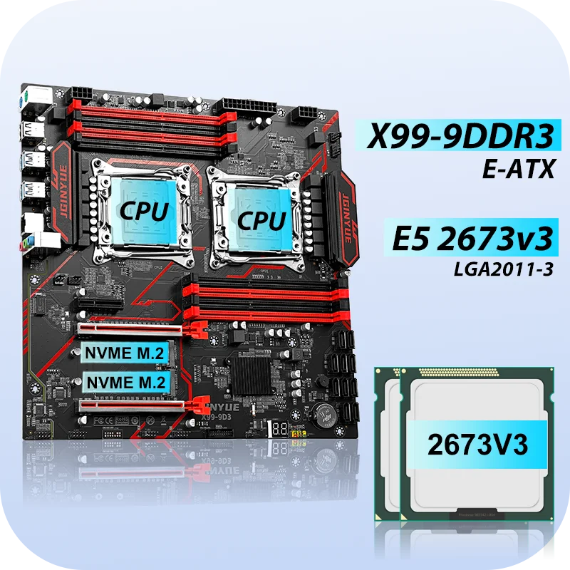 JGINYUE X99‑9D3 Dual‑CPU Motherboard Kit With 2×Xeon E5‑2673 V3 LGA2011‑3 E‑ATX DDR3 Max 128GB M.2 NVME Workstation Server Mainb